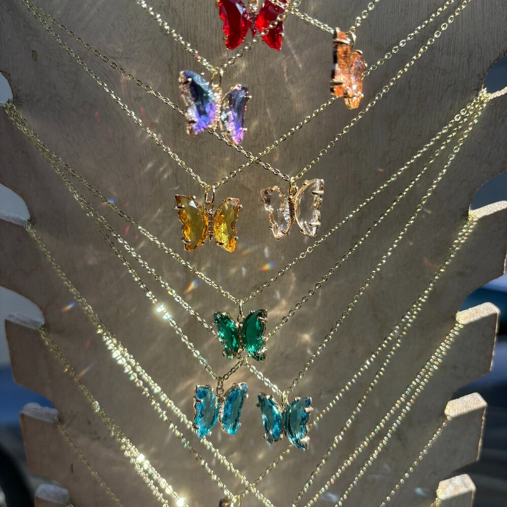Colored Glass Gold Butterfly Necklace